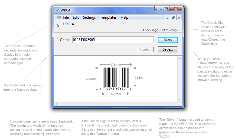 The Code Window in WBC4 - where the bar code data is entered
